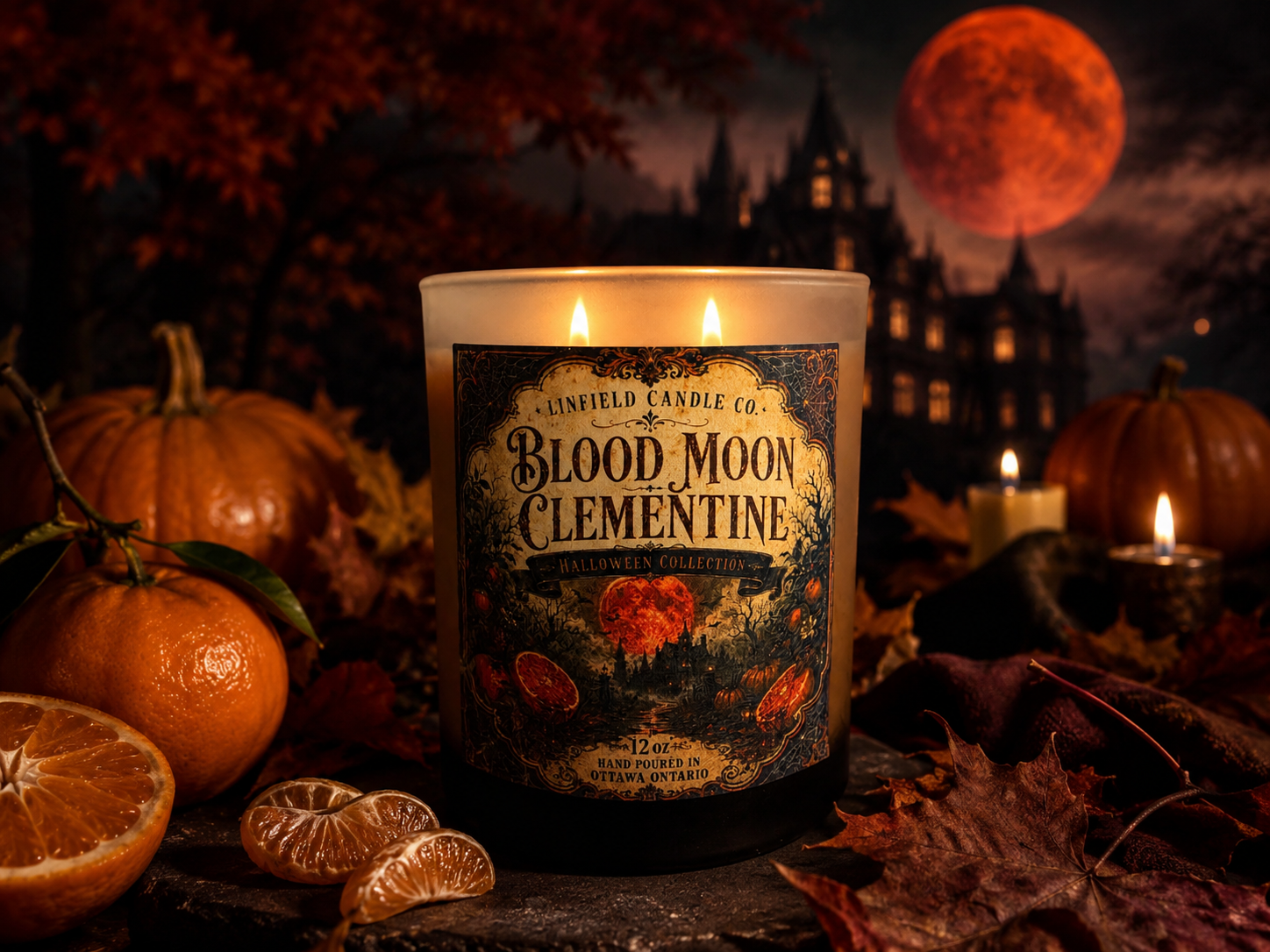 Blood Moon Clementine candle surrounded by oranges, pumpkins and a red moon
