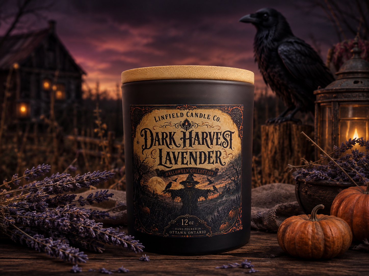 Dark Harvest Lavender candle with lavender, pumpkins and a raven at dusk