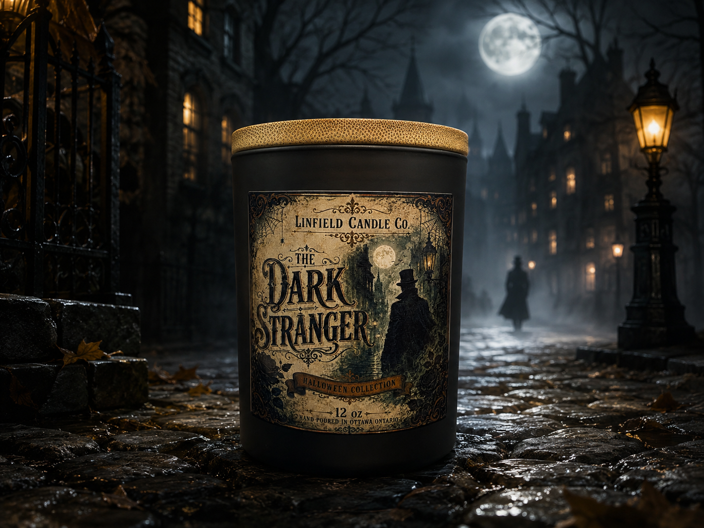 The Dark Stranger candle on a moonlit cobblestone street