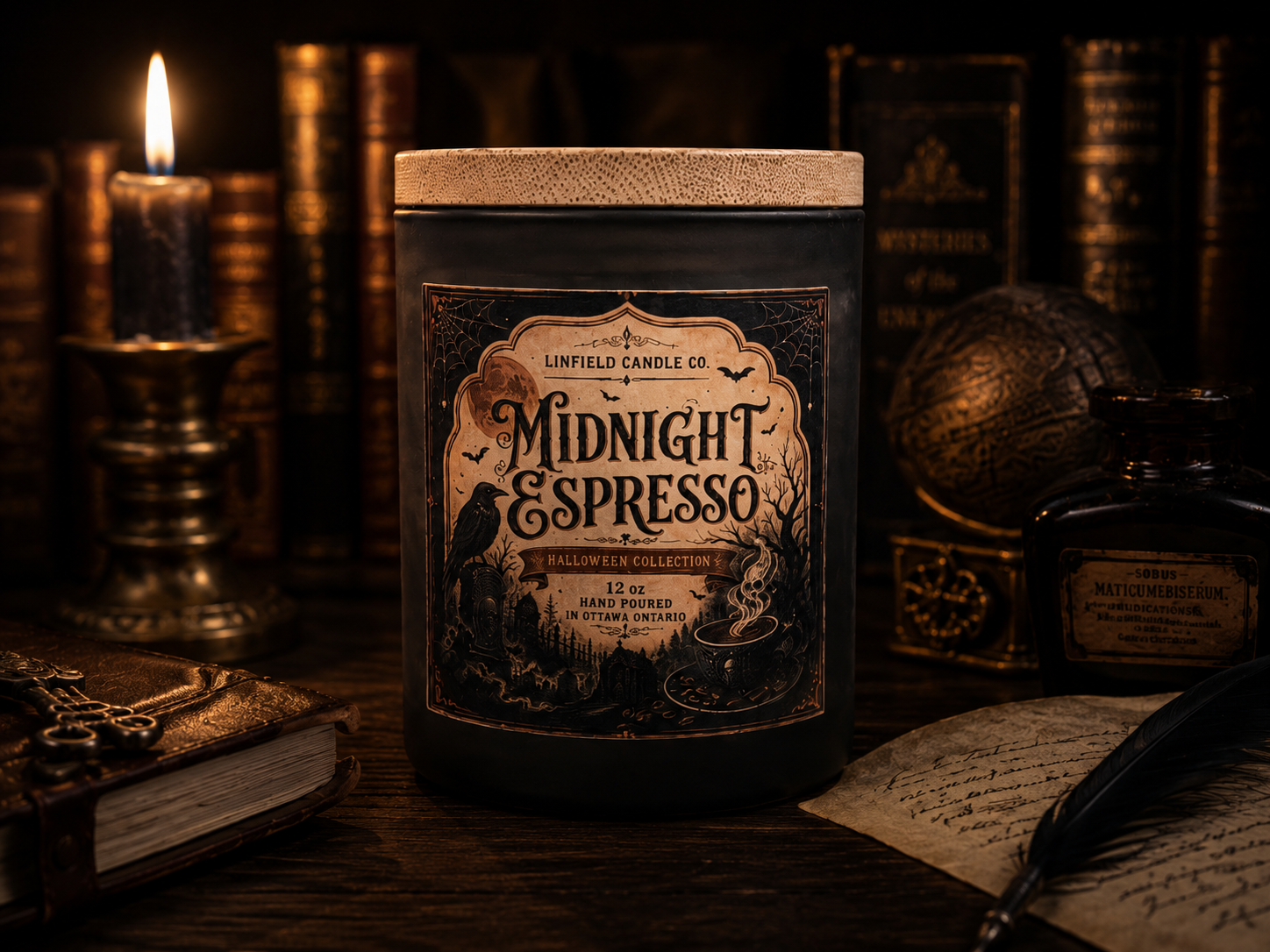 Midnight Espresso candle beside an antique candle, books, ink bottle and quill