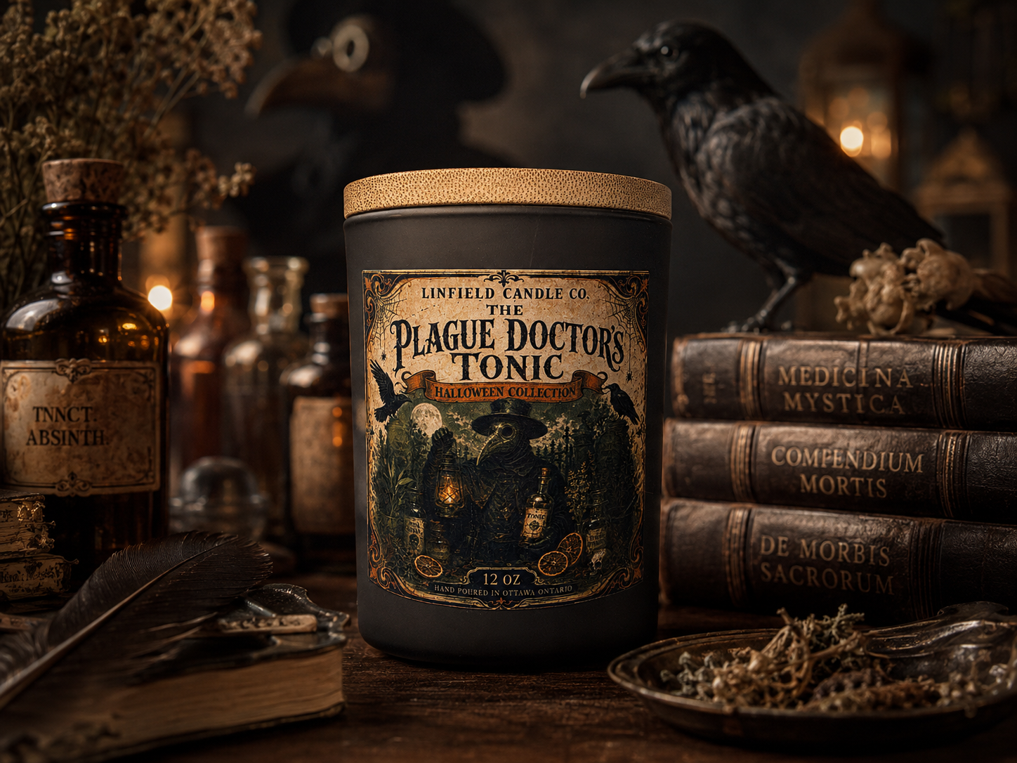 The Plague Doctor's Tonic candle in a Victorian apothecary scene