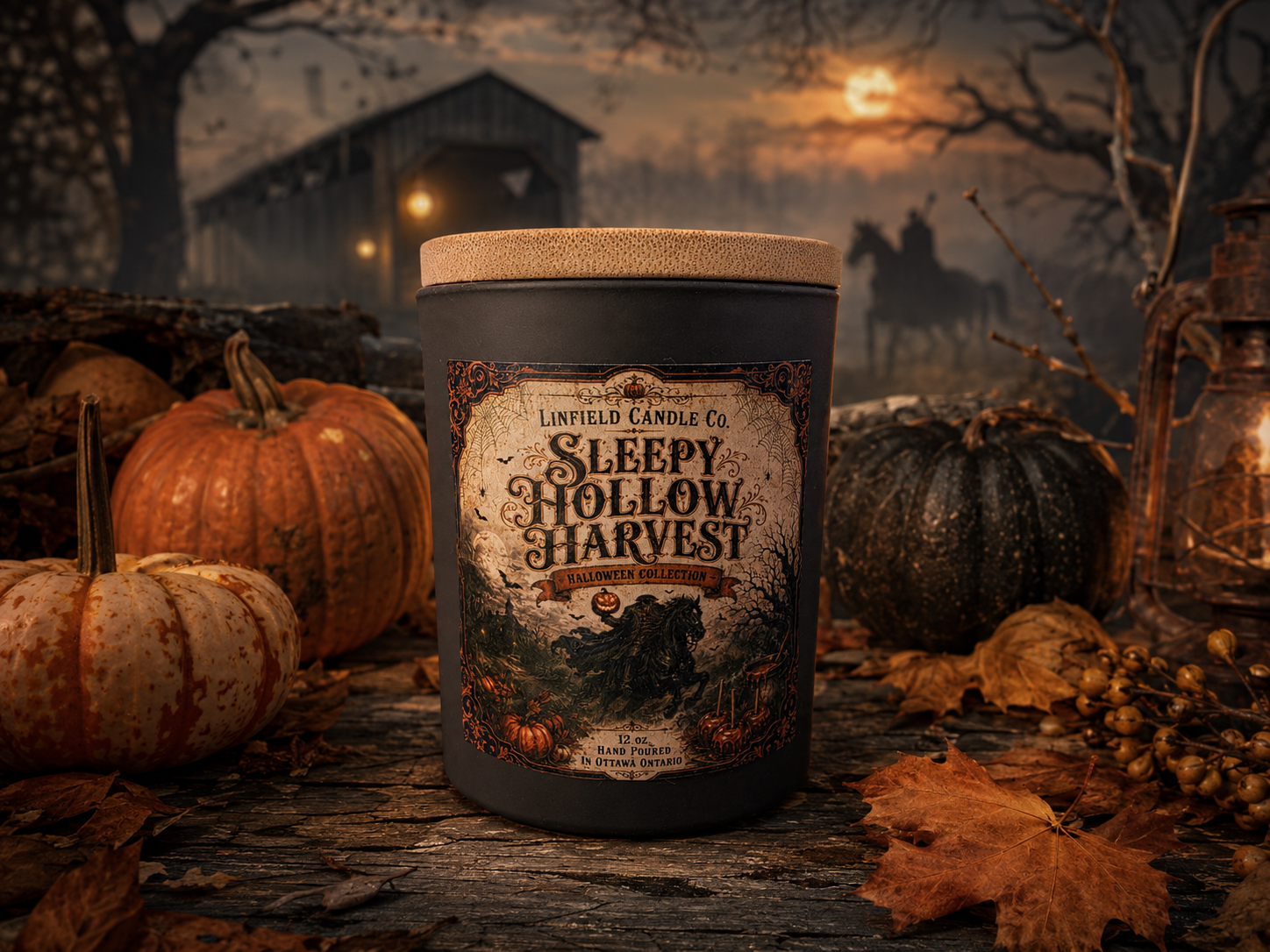 Sleepy Hollow Harvest candle among pumpkins near a covered bridge