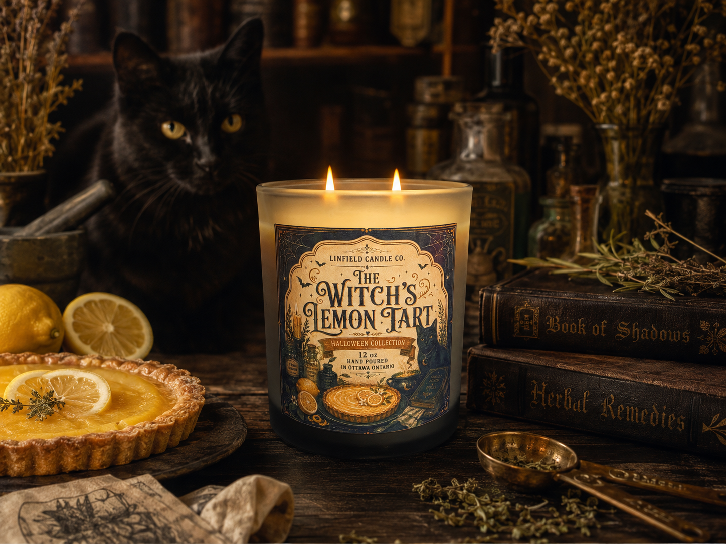 The Witch's Lemon Tart candle with lemon tart, black cat and old books